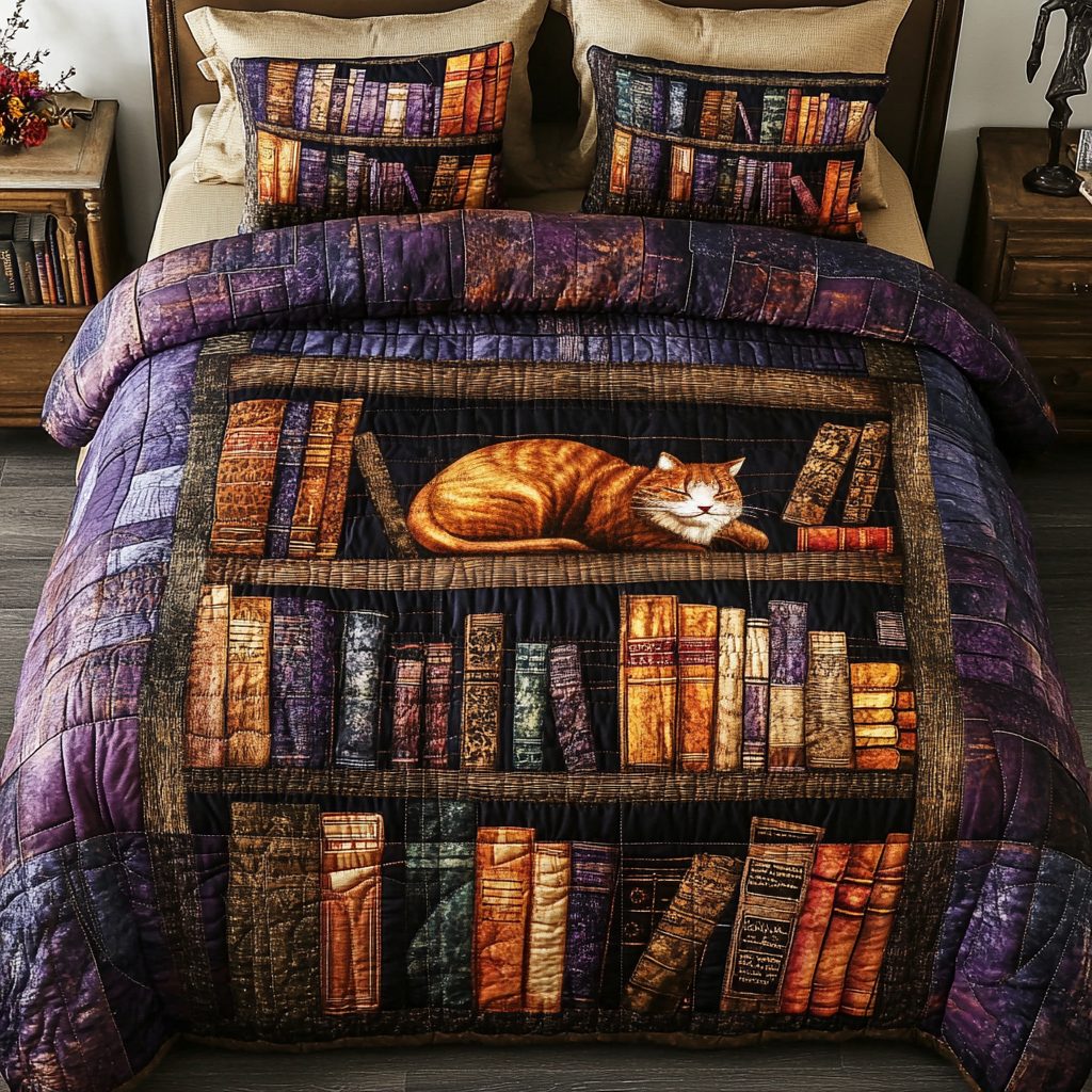 Vintage Cat Bookshelf quilted 3-piece bedding set on a made bed in a farmhouse bedroom