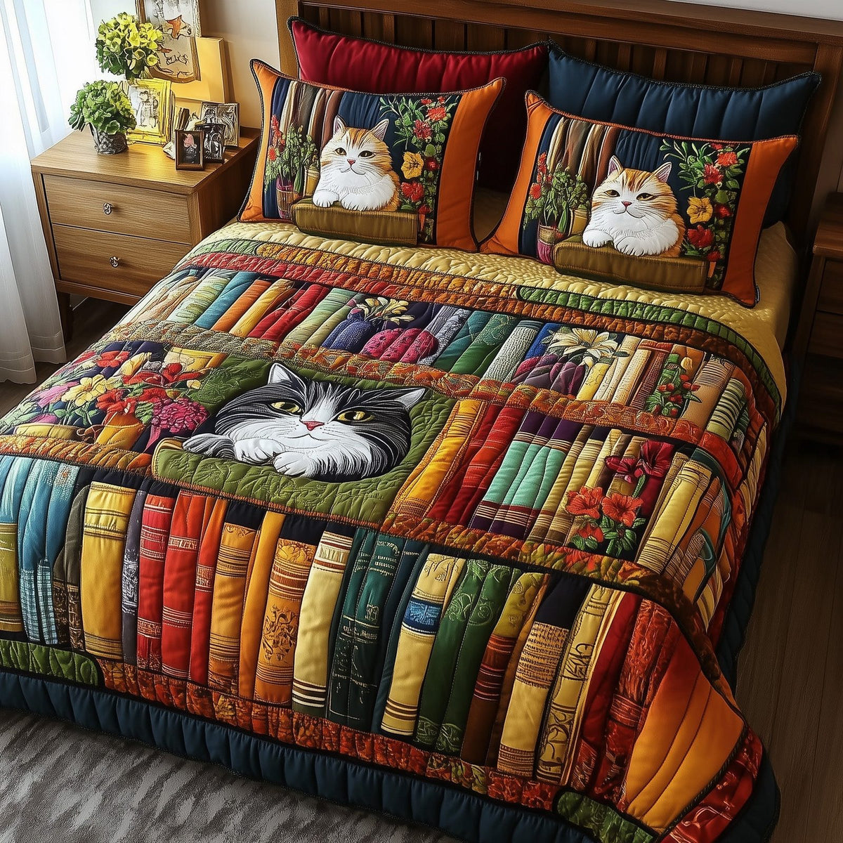 Vintage Cat Bookshelf quilted 3-piece bedding set on a made bed in a farmhouse bedroom