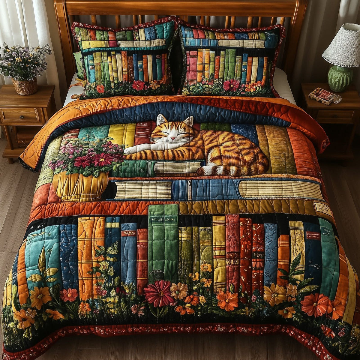 Vintage Cat Bookshelf quilted 3-piece bedding set on a made bed in a farmhouse bedroom