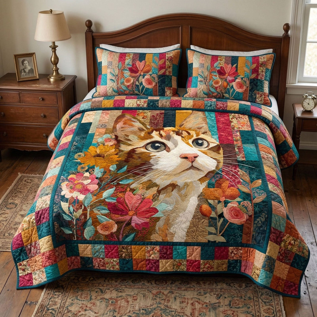 Vintage Cat quilted 3-piece bedding set on a made bed in a farmhouse bedroom