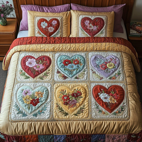 Vintage Charm quilted 3-piece bedding set on a made bed in a farmhouse bedroom