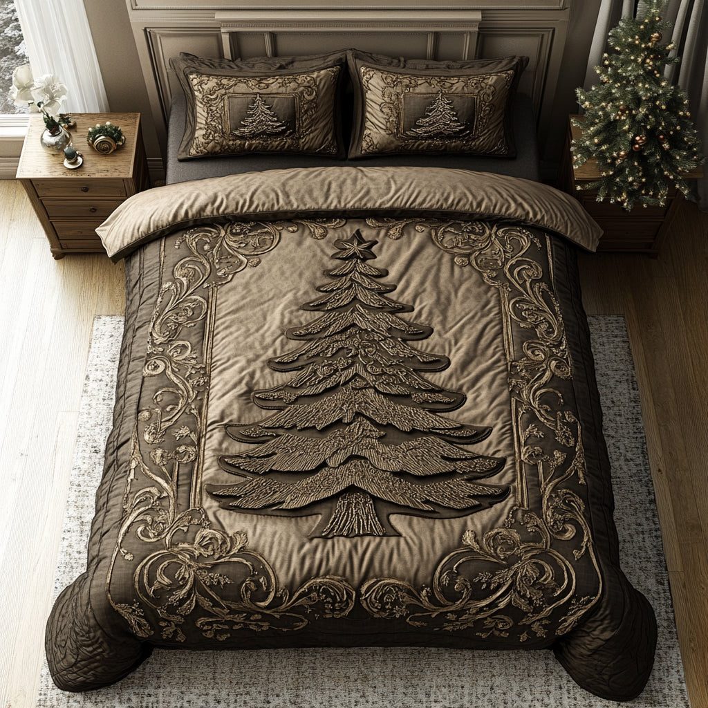 Vintage Christmas quilted 3-piece bedding set on a made bed in a winter-styled bedroom