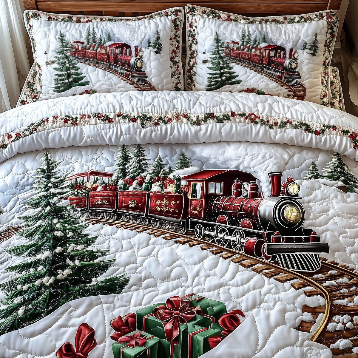 Vintage Christmas Train to Wonderland quilted 3-piece bedding set on a made bed in a winter-styled bedroom