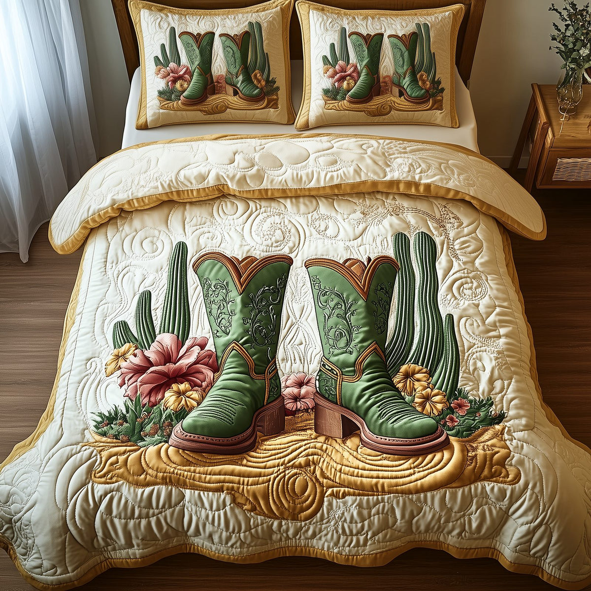 Vintage Cowboy Boots quilted 3-piece bedding set on a made bed in a rustic timber bedroom