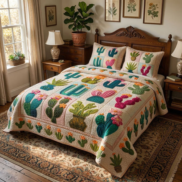 Vintage Desert quilted 3-piece bedding set on a made bed in a farmhouse bedroom