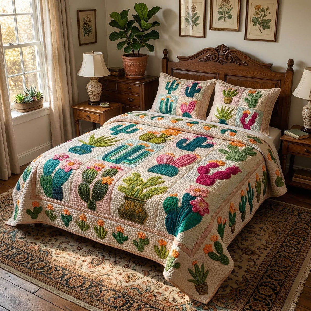 Vintage Desert quilted 3-piece bedding set on a made bed in a farmhouse bedroom