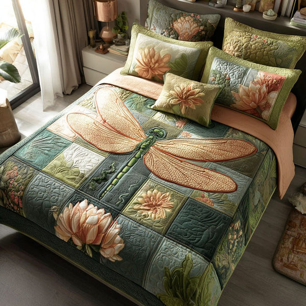 Vintage Dragonfly Floral quilted 3-piece bedding set on a made bed in a farmhouse bedroom