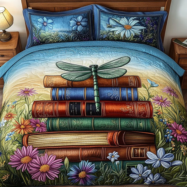 Vintage Dragonfly Library quilted 3-piece bedding set on a made bed in a farmhouse bedroom