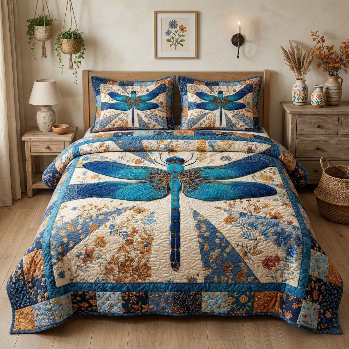 Vintage Dragonfly quilted 3-piece bedding set on a made bed in a farmhouse bedroom