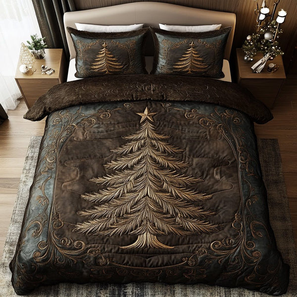 Vintage Evergreen quilted 3-piece bedding set on a made bed in a farmhouse bedroom