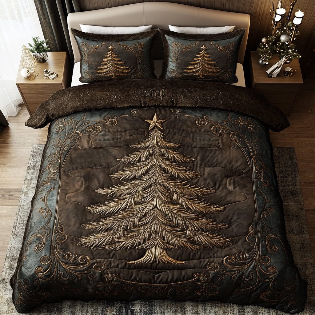 Vintage Evergreen quilted 3-piece bedding set on a made bed in a farmhouse bedroom