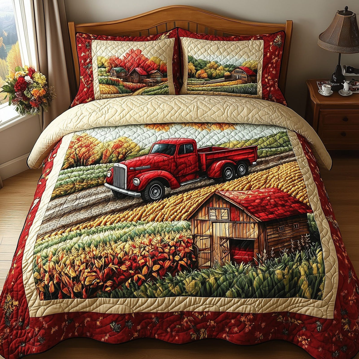 Vintage Farm quilted 3-piece bedding set on a made bed in a farmhouse bedroom