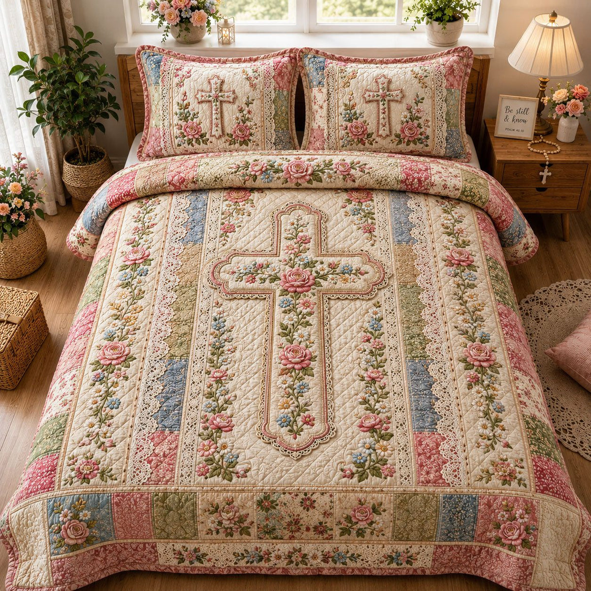 Vintage Floral Lace Cross Christian quilted 3-piece bedding set on a made bed in a softly lit bedroom