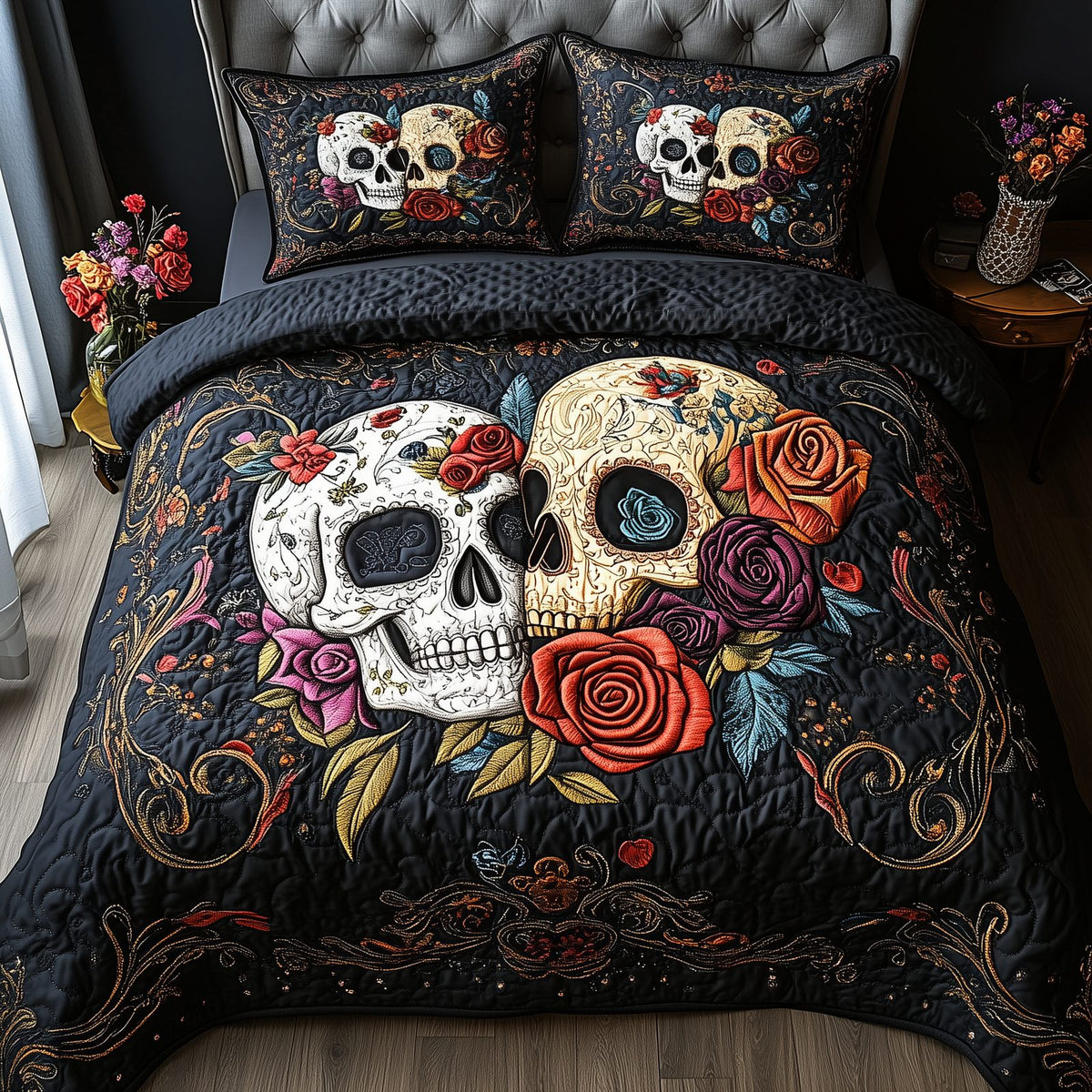 Vintage-Floral-Skull-Couple-3-Piece-Quilted-Bedding-Set - Design 1 quilted 3-piece bedding set on a made bed against a dark styled interior