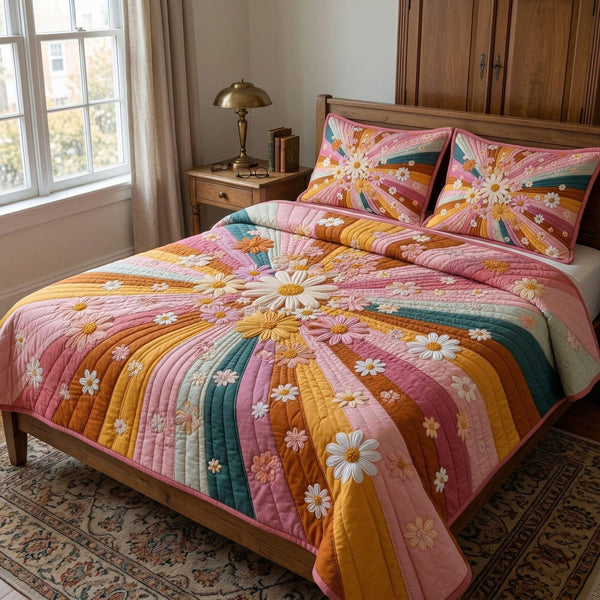 Vintage Flower Burst quilted 3-piece bedding set on a made bed in a farmhouse bedroom