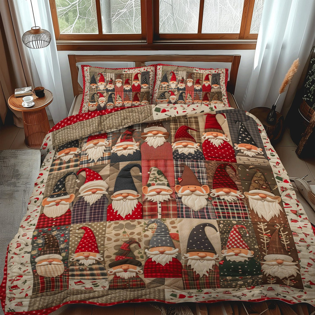 Vintage Gnome quilted 3-piece bedding set on a made bed in a winter-styled bedroom