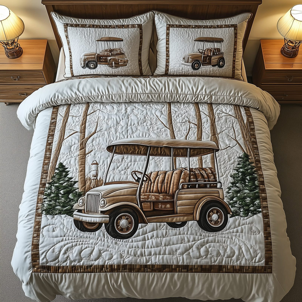 Vintage Golf Cart quilted 3-piece bedding set on a made bed in a farmhouse bedroom