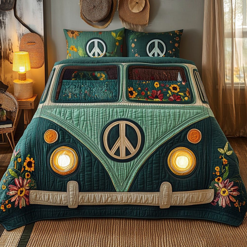 Vintage Green Camper quilted 3-piece bedding set on a made bed in a farmhouse bedroom