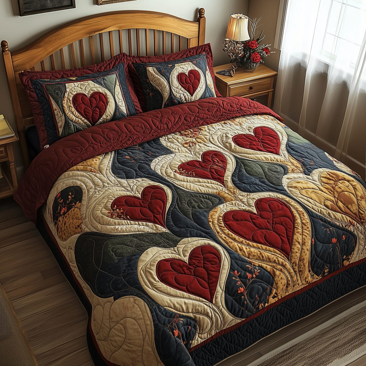 Vintage Heart quilted 3-piece bedding set on a made bed in a farmhouse bedroom