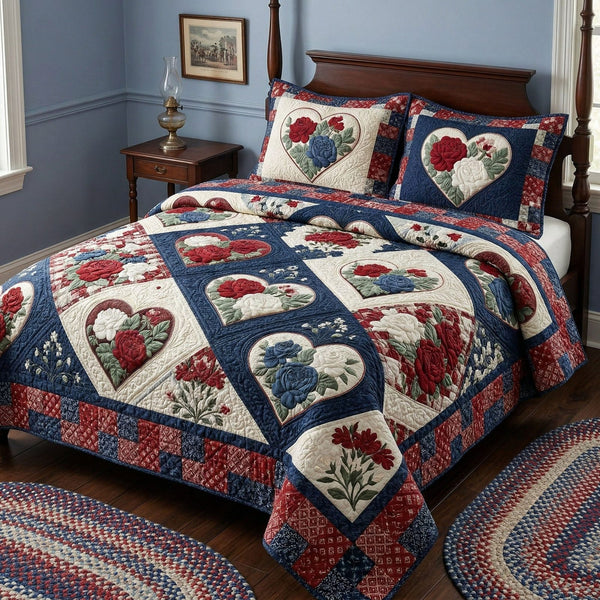 Vintage Heart Tribute quilted 3-piece bedding set on a made bed in a farmhouse bedroom