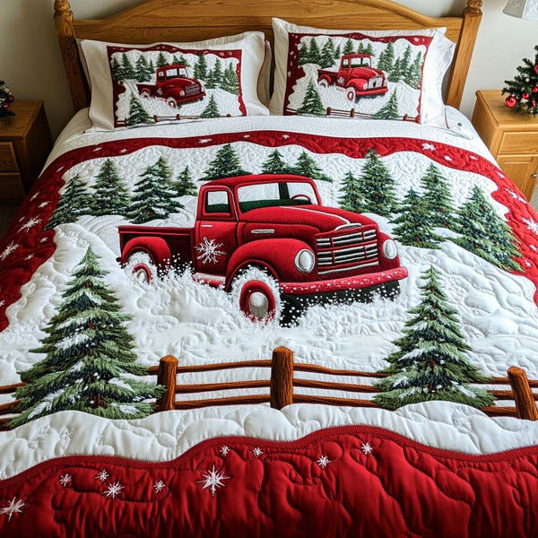 Vintage Holiday Ride quilted 3-piece bedding set on a made bed in a winter-styled bedroom