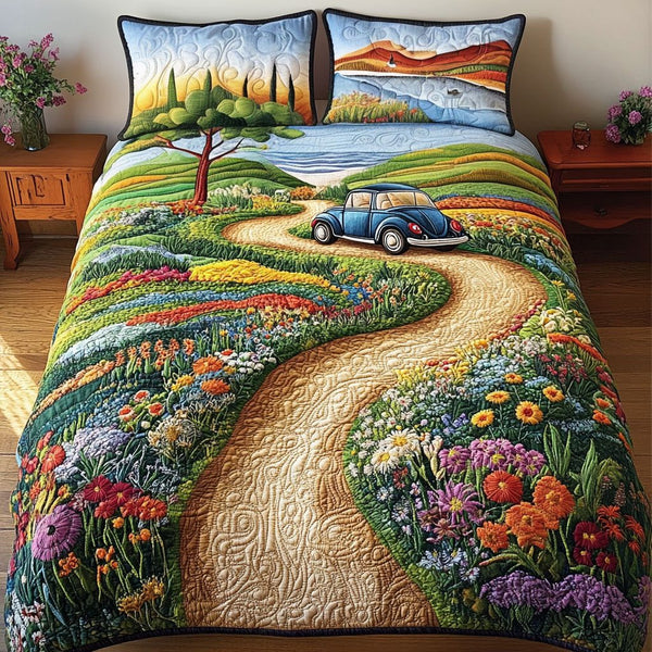 Vintage Joyride quilted 3-piece bedding set on a made bed in a farmhouse bedroom
