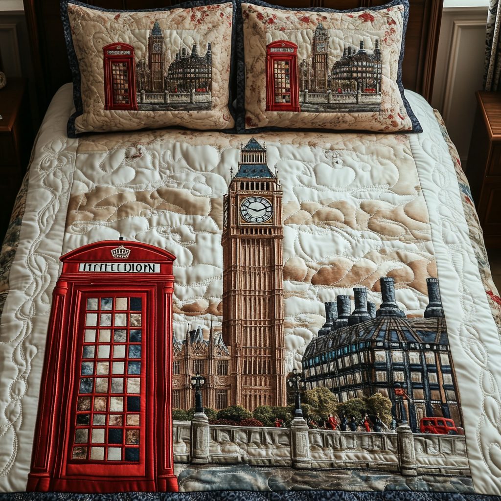 Vintage London quilted 3-piece bedding set on a made bed in a farmhouse bedroom