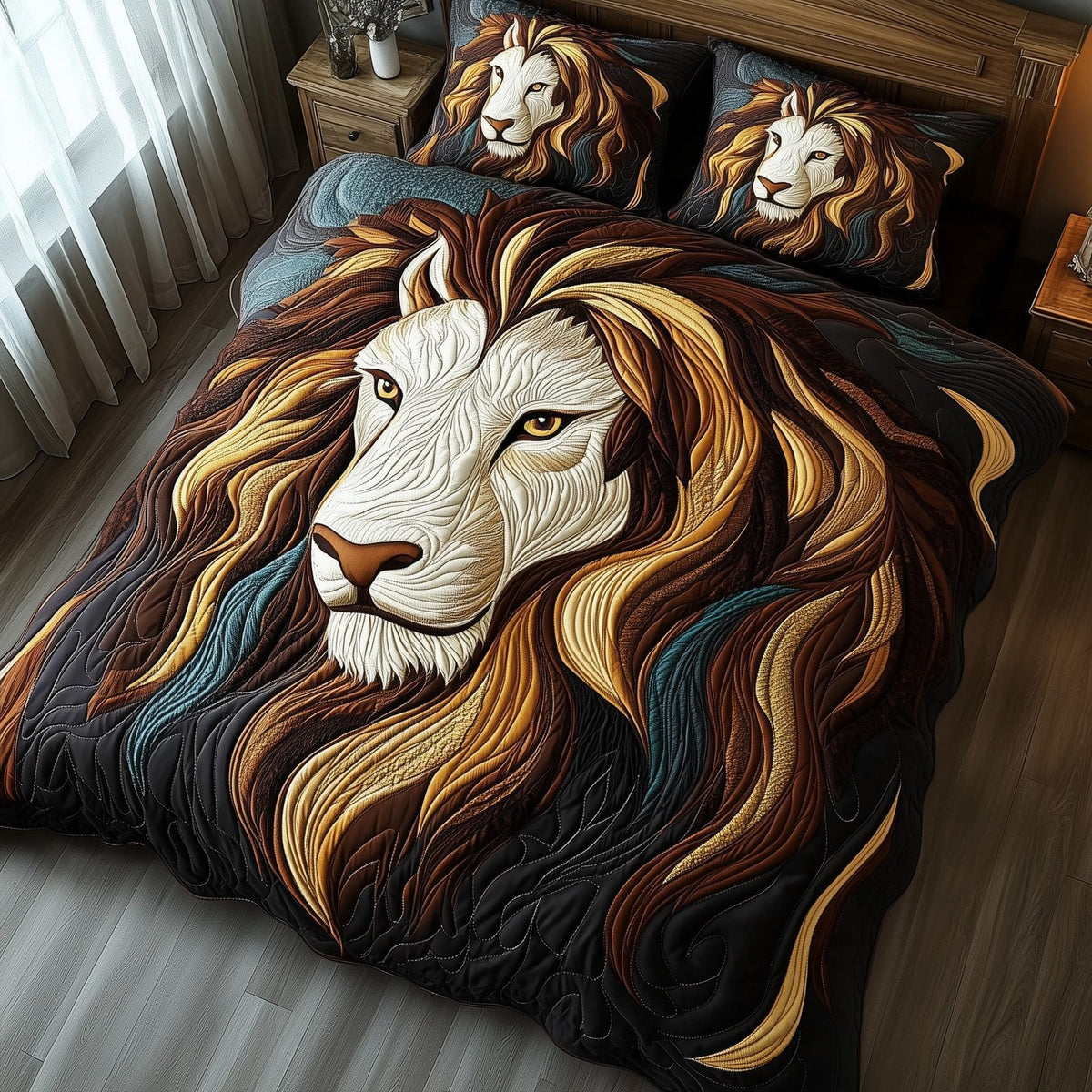 Vintage Majestic Lion quilted 3-piece bedding set on a made bed in a farmhouse bedroom