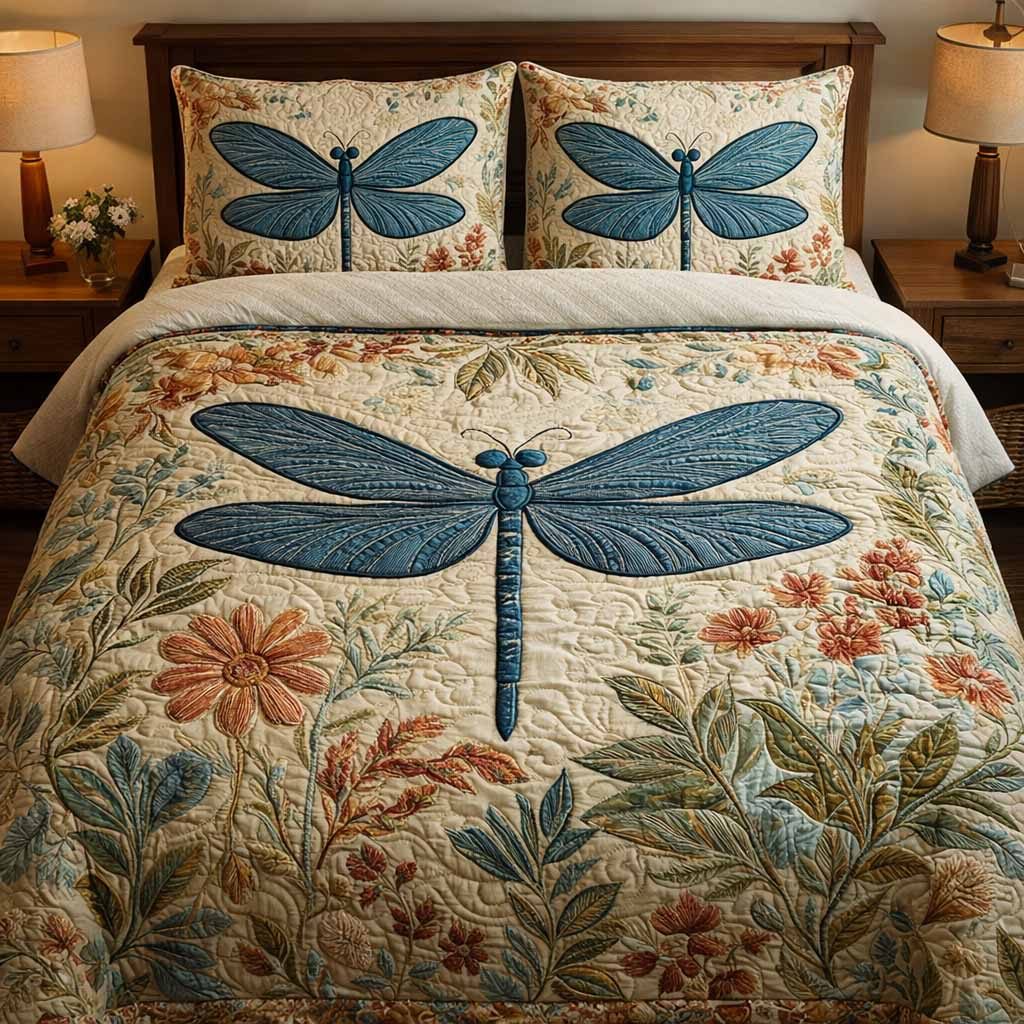 Vintage Mist quilted 3-piece bedding set on a made bed in a farmhouse bedroom