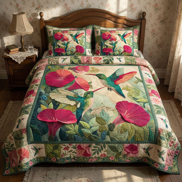 Vintage Morning Glory quilted 3-piece bedding set on a made bed in a farmhouse bedroom