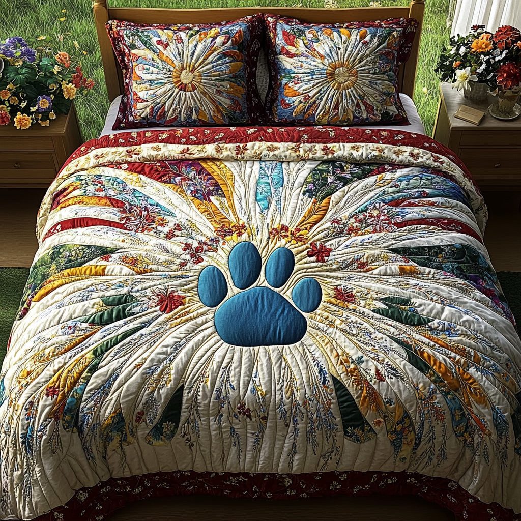 Vintage Patch Paws quilted 3-piece bedding set on a made bed in a farmhouse bedroom