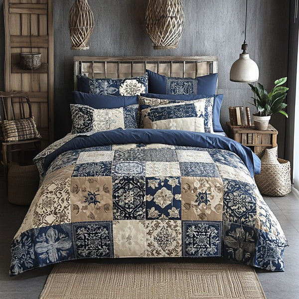 Vintage Patchwork Charm quilted 3-piece bedding set on a made bed in a farmhouse bedroom