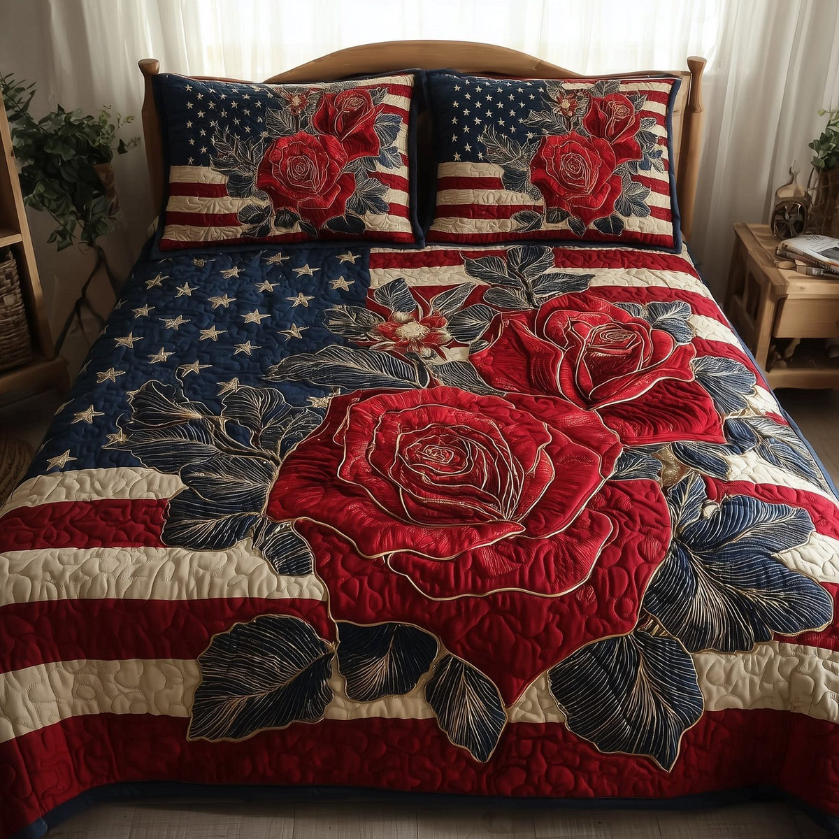 Vintage Patriotic Rose quilted 3-piece bedding set on a made bed in a warmly lit bedroom
