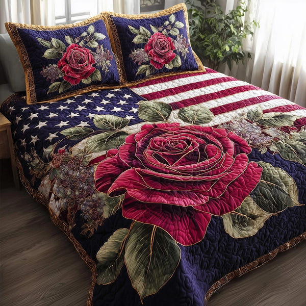 Vintage Patriotic Rose quilted 3-piece bedding set on a made bed in a warmly lit bedroom
