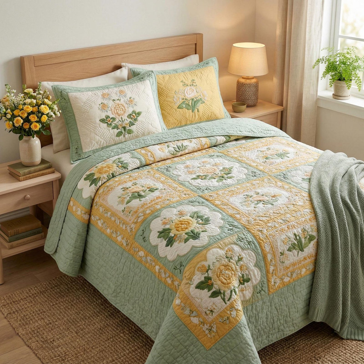 Vintage Petals quilted 3-piece bedding set on a made bed in a farmhouse bedroom