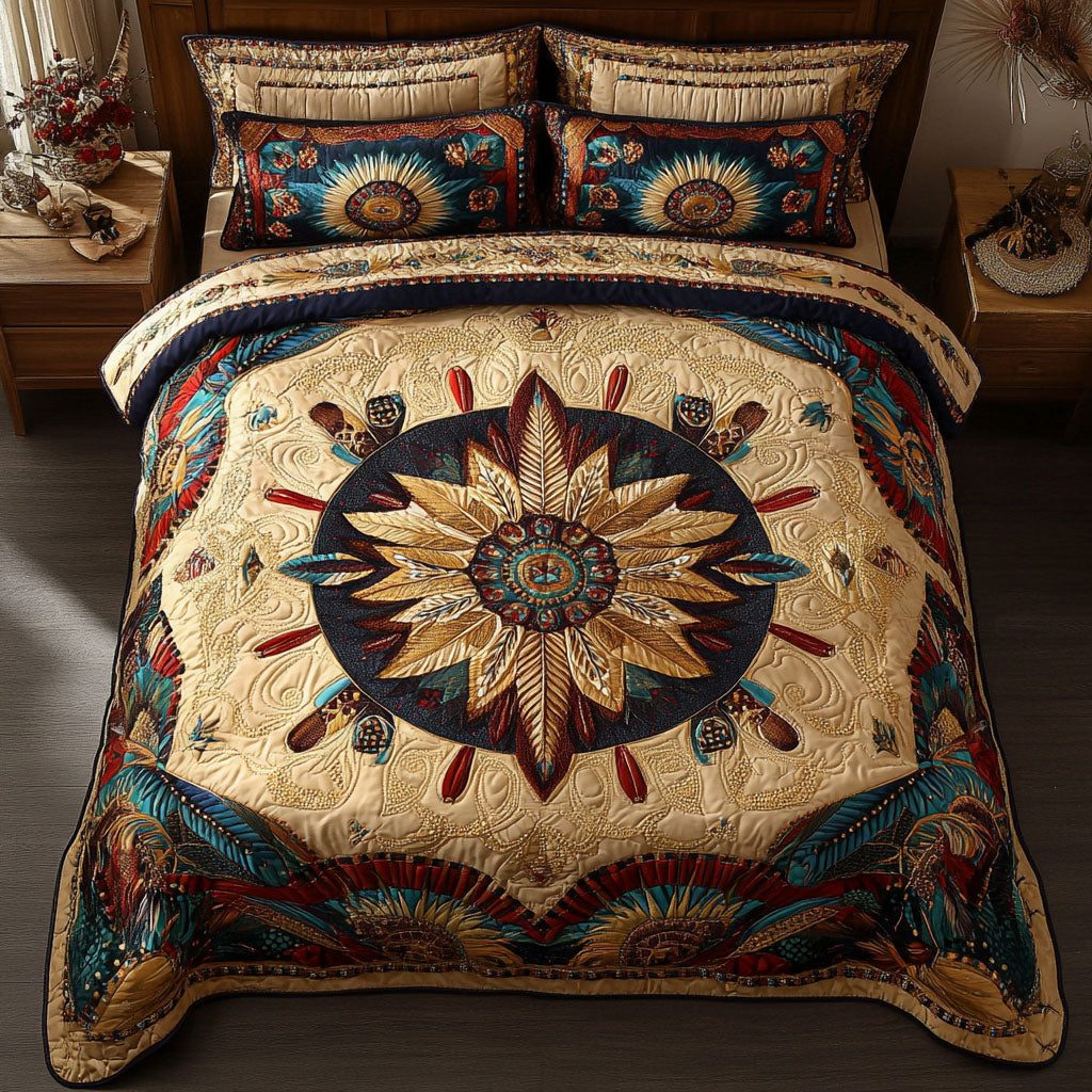 Vintage Plume Art quilted 3-piece bedding set on a made bed in a farmhouse bedroom
