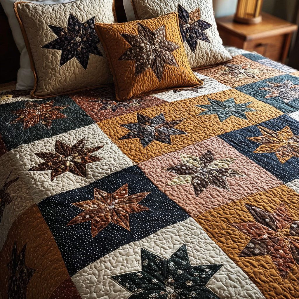 Vintage Radiance quilted 3-piece bedding set on a made bed in a farmhouse bedroom