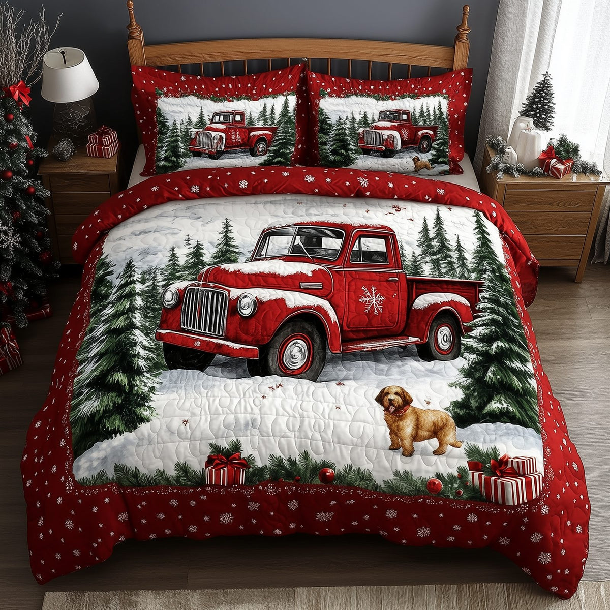 Vintage Red Truck quilted 3-piece bedding set on a made bed in a farmhouse bedroom