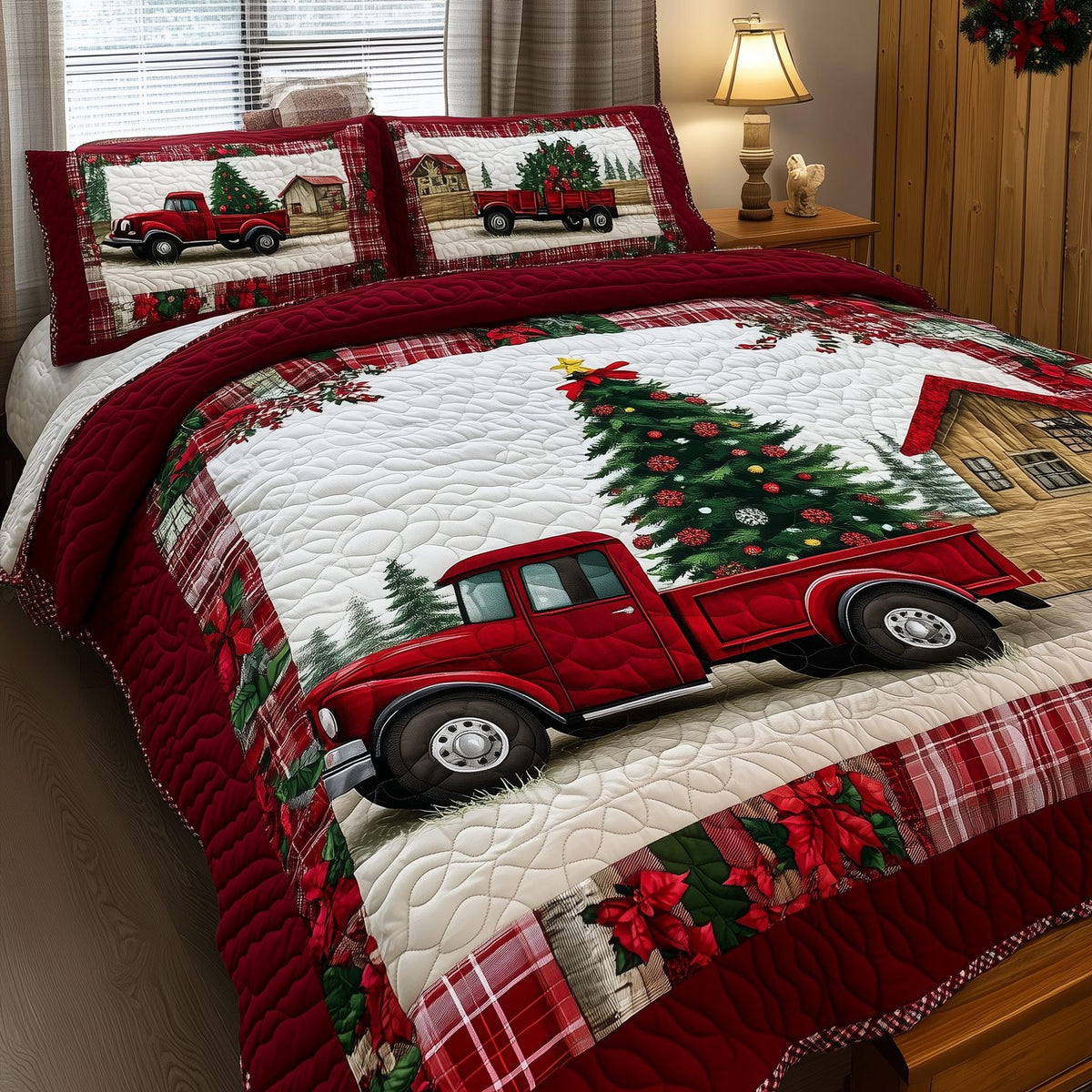Vintage Red Truck quilted 3-piece bedding set on a made bed in a farmhouse bedroom