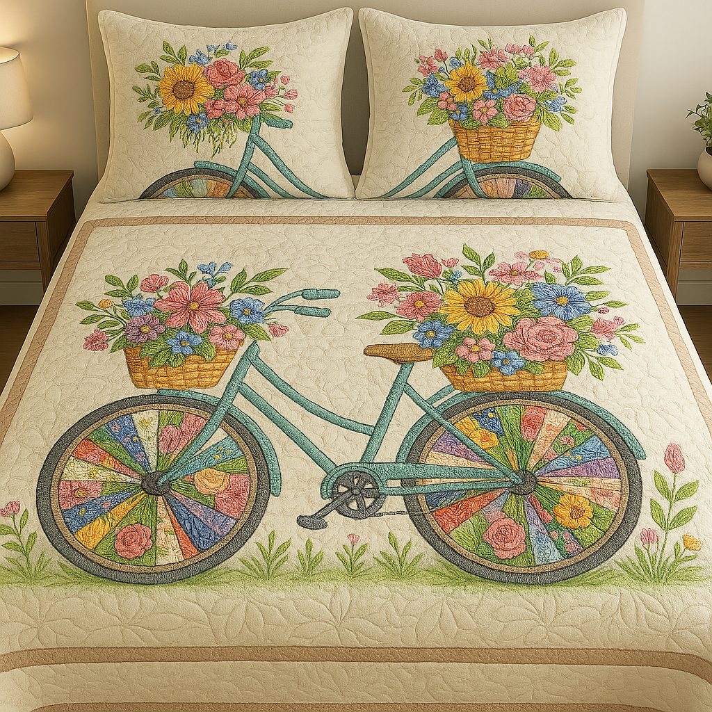 Vintage Ride quilted 3-piece bedding set on a made bed in a farmhouse bedroom
