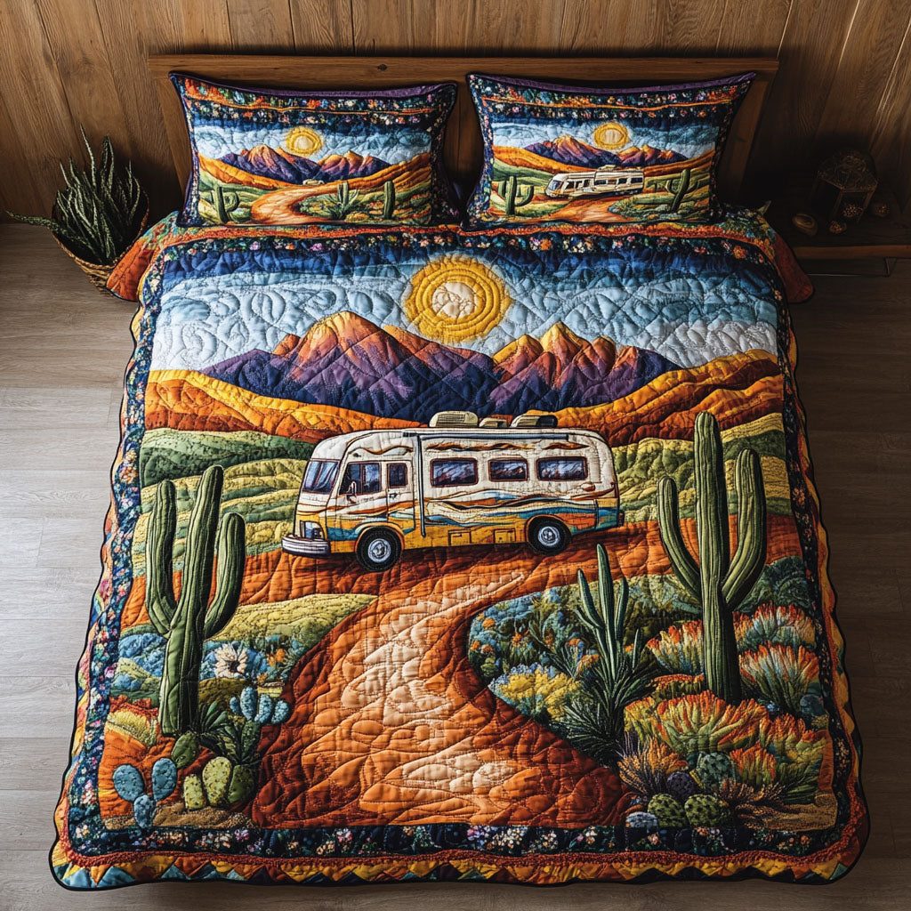 Vintage Roadtrip quilted 3-piece bedding set on a made bed in a farmhouse bedroom