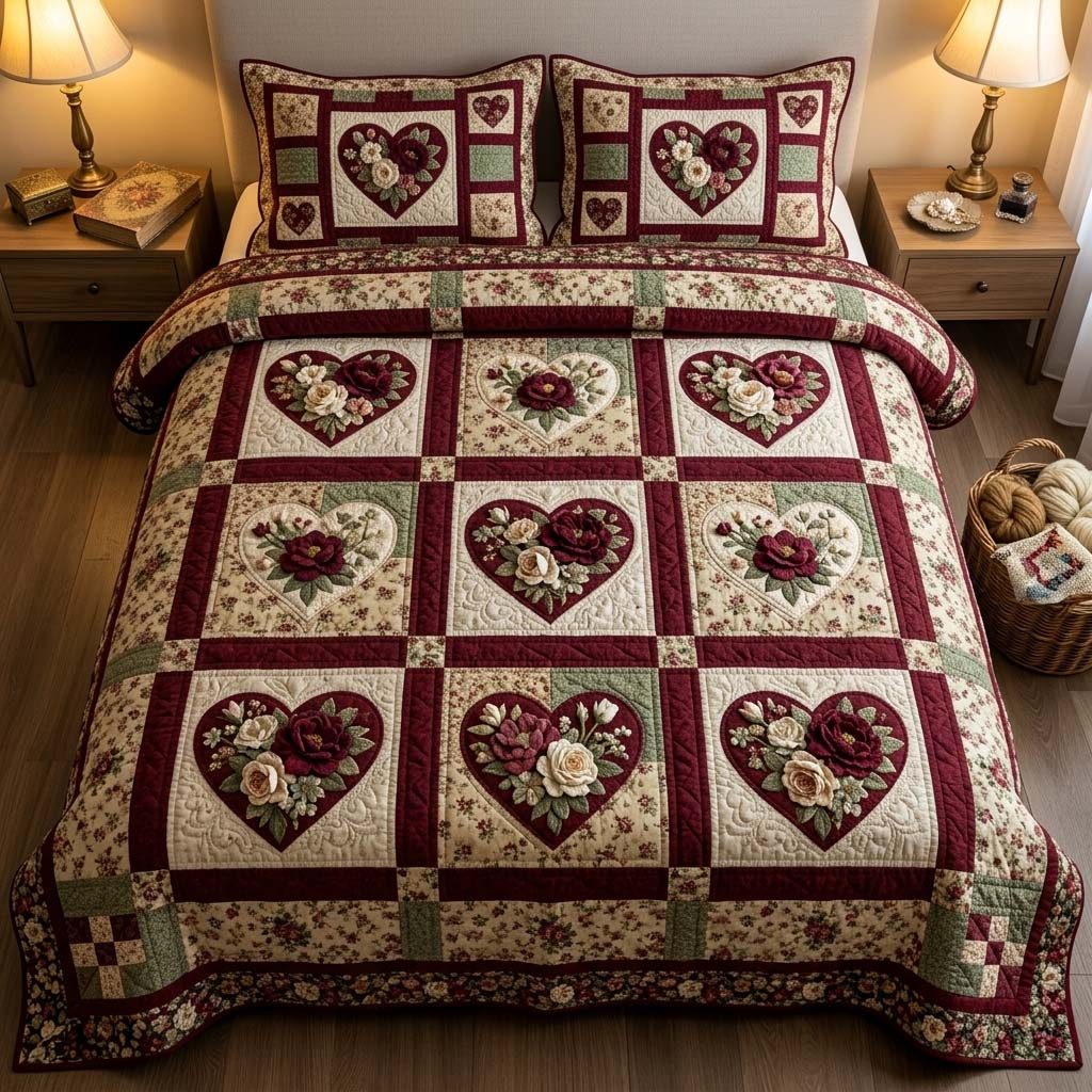 Vintage Rose Patch quilted 3-piece bedding set on a made bed in a farmhouse bedroom