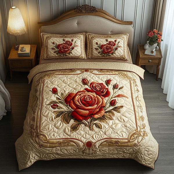 Vintage Rose quilted 3-piece bedding set on a made bed in a farmhouse bedroom