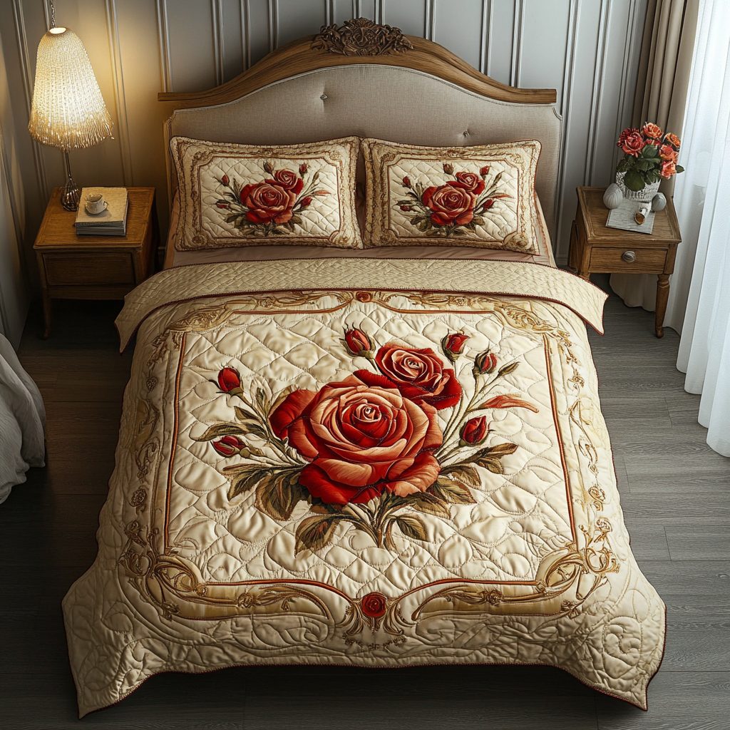 Vintage Rose quilted 3-piece bedding set on a made bed in a farmhouse bedroom