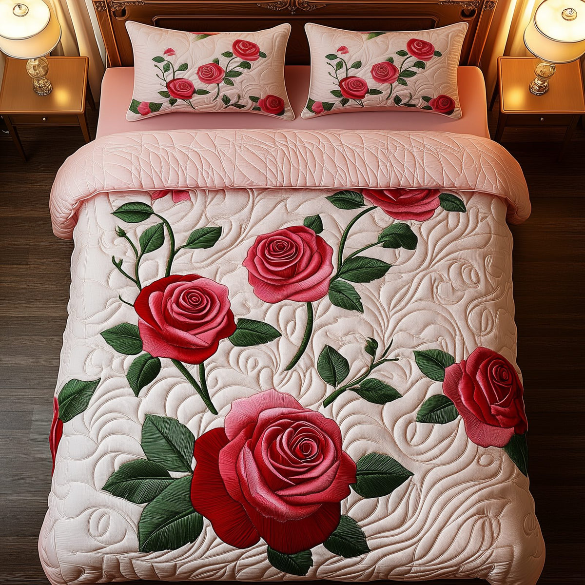 Vintage Roses quilted 3-piece bedding set on a made bed in a farmhouse bedroom