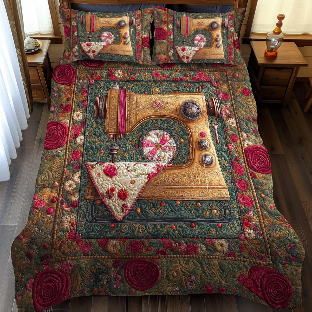 Vintage Sewing Haven quilted 3-piece bedding set on a made bed in a farmhouse bedroom