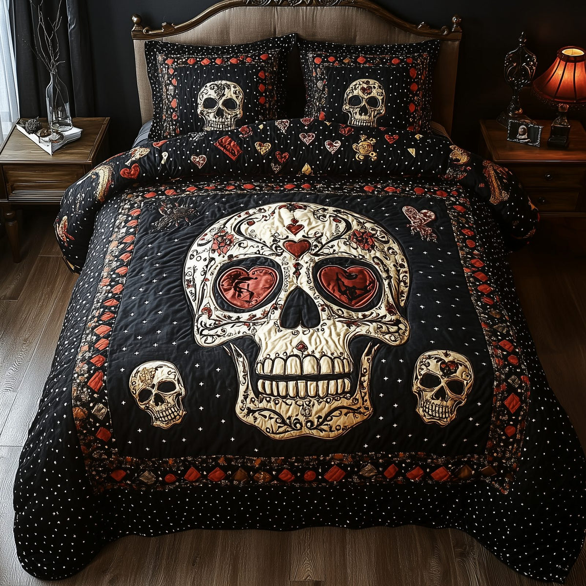 Vintage Skull quilted 3-piece bedding set on a made bed against a dark styled interior