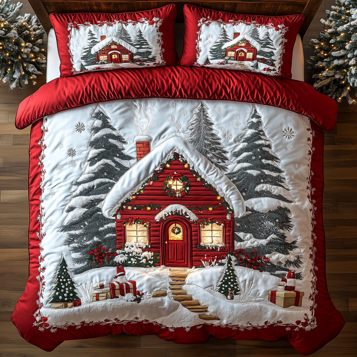 Vintage Snow Cabin quilted 3-piece bedding set on a made bed in a farmhouse bedroom