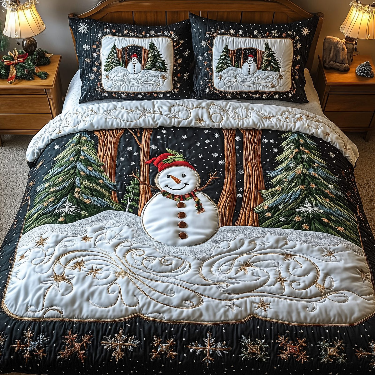 Vintage Snowman quilted 3-piece bedding set on a made bed in a winter-styled bedroom