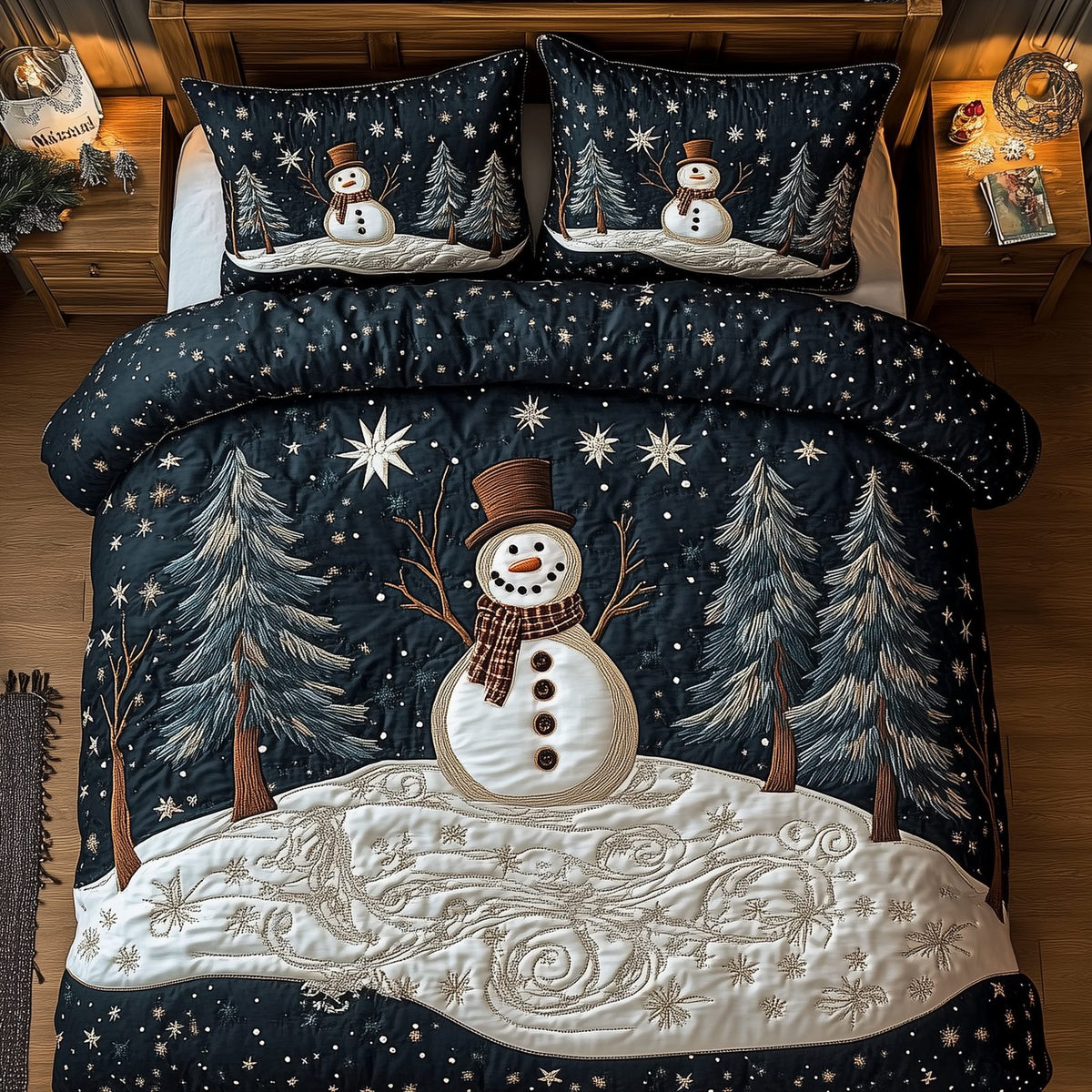 Vintage Snowman quilted 3-piece bedding set on a made bed in a winter-styled bedroom